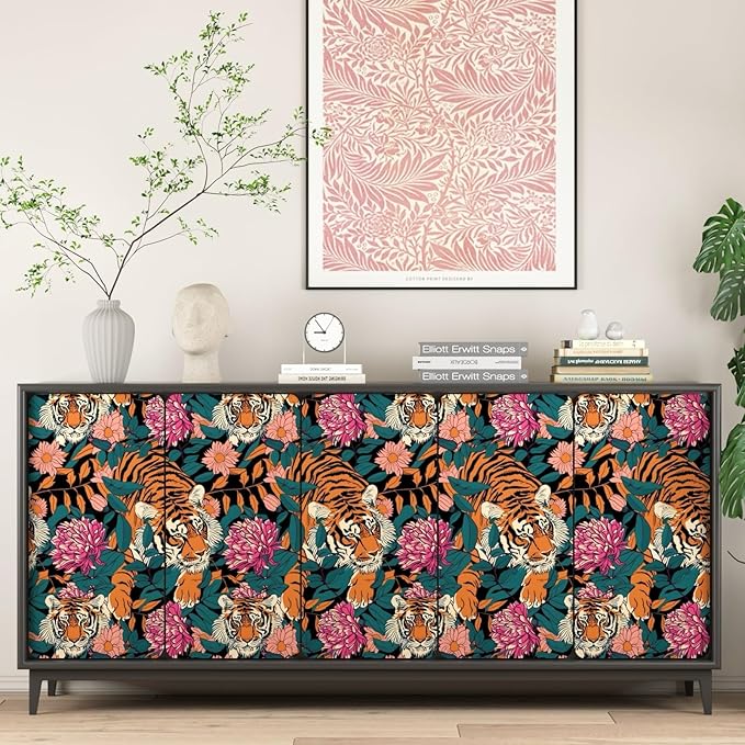 BOKEBEVE Tiger Wallpaper Peel and Stick Vintage Floral Contact Paper Retro Boho