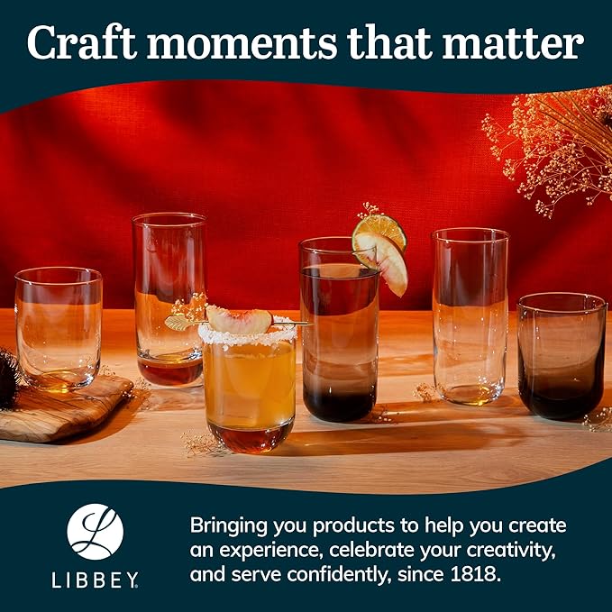 Libbey Polaris Tumbler and Rocks Glass Set, Elegant Drinkware Glasses Set,, Tall Drinking Glasses with Modern Clean Lines, Dishwasher Safe Drinking Glasses Set of 16