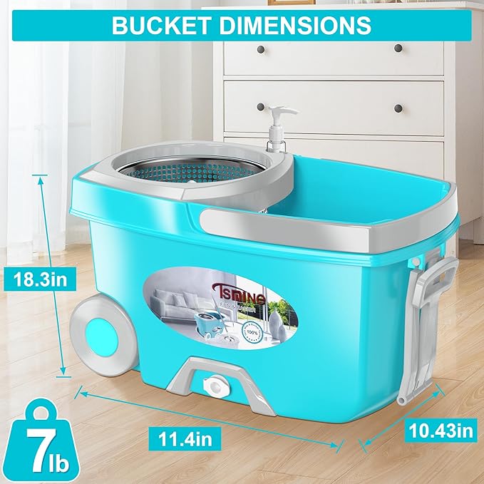 FunClean Spin Mop and Bucket,Mop and Bucket with Wringer Set for Home,360 Spinning Mopping Floor Cleaning Tool with 6 Microfiber Replacement Head Refills,61" Extended Handle, 2X Wheel - Blue
