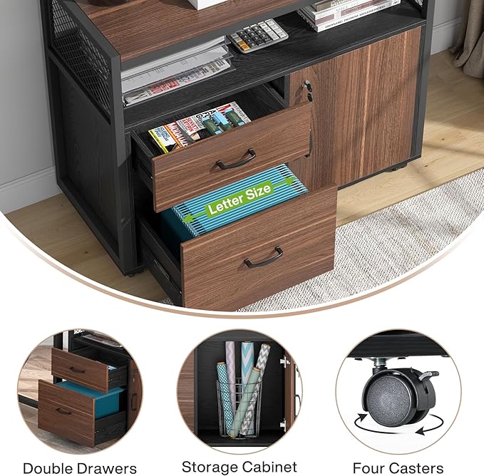 Tribesigns 63" Executive Deskwith Drawer Cabinet, L Shaped Desk and lateral File Cabinet, 2 Piece Home Office Furniture Set with Drawers for Hanging, Doors with Locks (Dark Brown, 63 inches)
