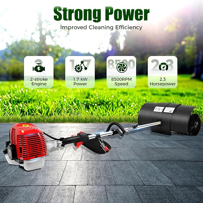 52CC Gas Power Lawns Sweeper, 2.3HP 2-Stroke Air Cooled Gasoline Sweeping Broom Machine, Lawn Cleaning Tools with Carrying Strap for Artificial Lawns Streets and Driveways