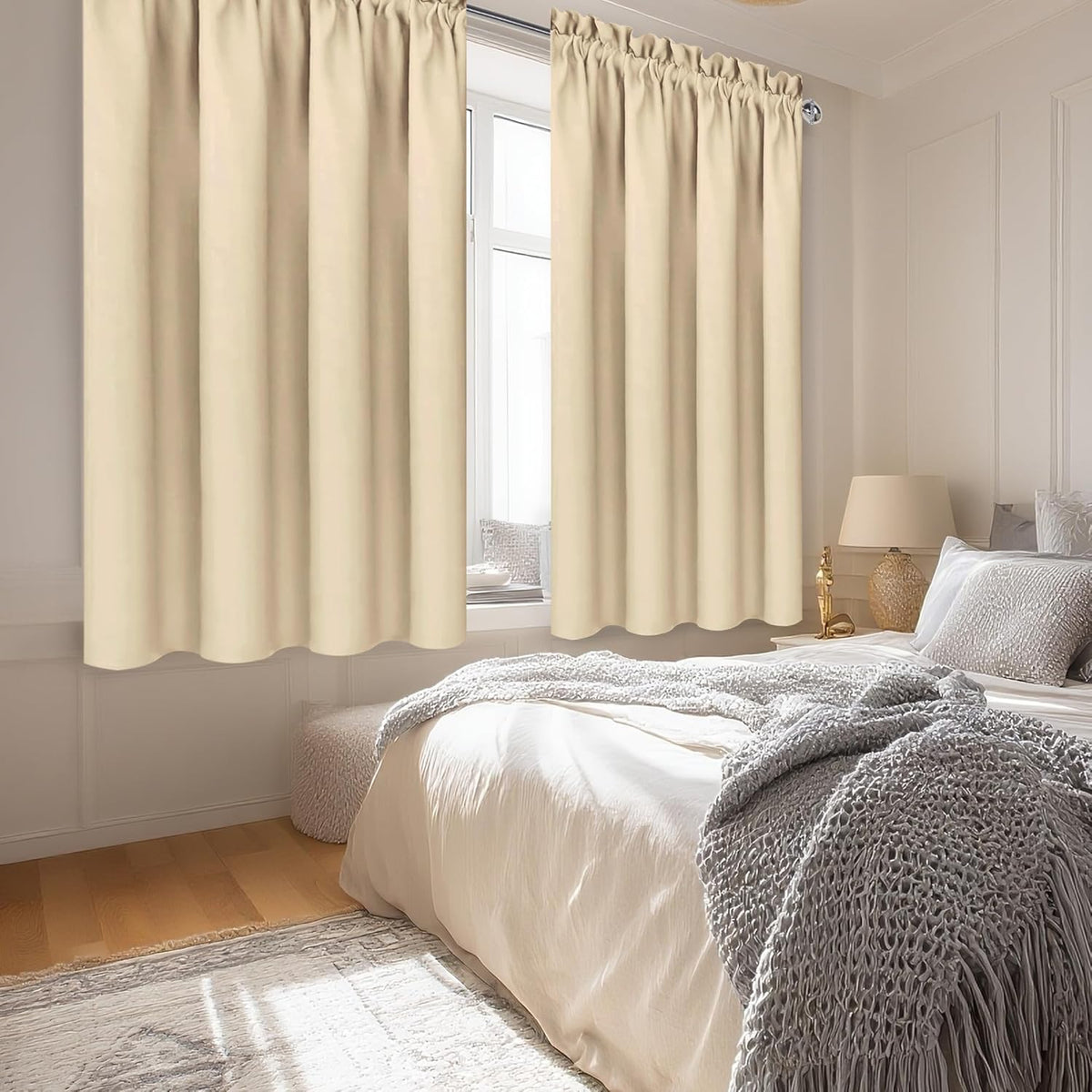 DWCN Beige Blackout Curtains for Bedroom – Rod Pocket Thermal Insulated Energy Saving Drapes for Living Room and Bedroom, W 42 x L 45 Inch, 2 Panels
