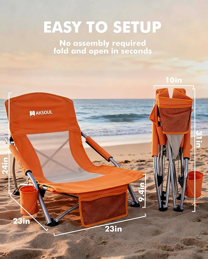 AKSOUL Folding Beach Chair for Adults: Low/High Back Chairs with Carry Bag - Extra Wide Seat Chair with Comfortable Pillow & Storage Pocket (1 Pack & 2 Pack, Blue)