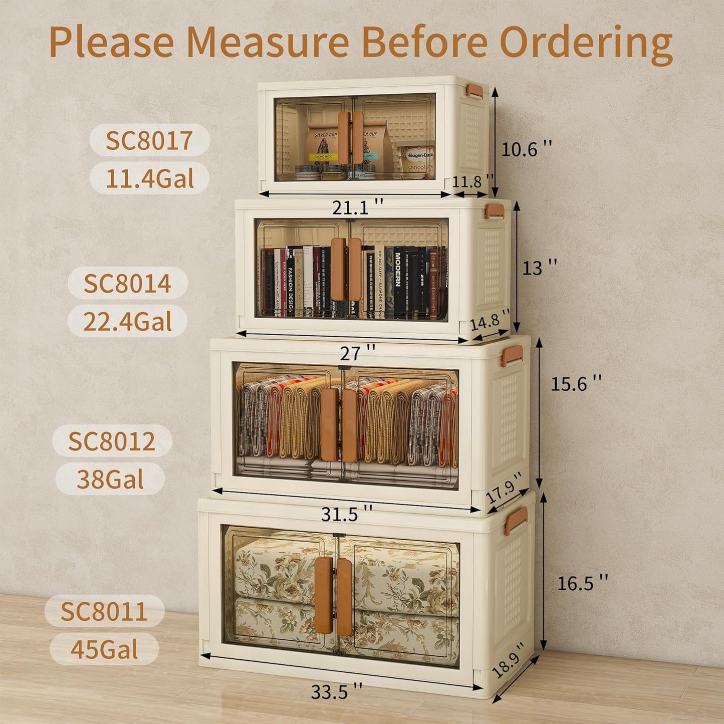Plastic Stackable Storage Bins with Lids and Wheels, Foldable Closet Organizers and Storage Containers for Bathroom, Collapsible Clear Drawer Storage Cabinet with Doors White 11.4Gal 4Tiers