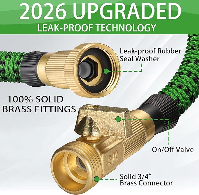 100 ft Expandable Garden Hose-2026 Newly Upgraded Expanding Garden Hoses with 10 Function Spray Nozzle, Extra Strength Fabric, Leak-Proof, Lightweight, Kink-Free Flexible Retractable Hose (GreenBlack)