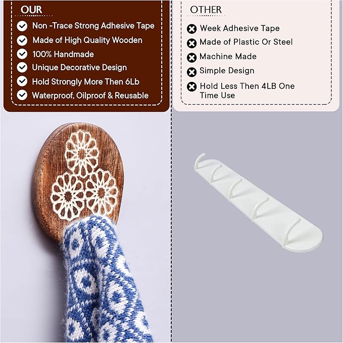 Indian Shelf 6 Lb- 3 Pieces Decorative Wood Adhesive Wall Hooks–Boho Peel and