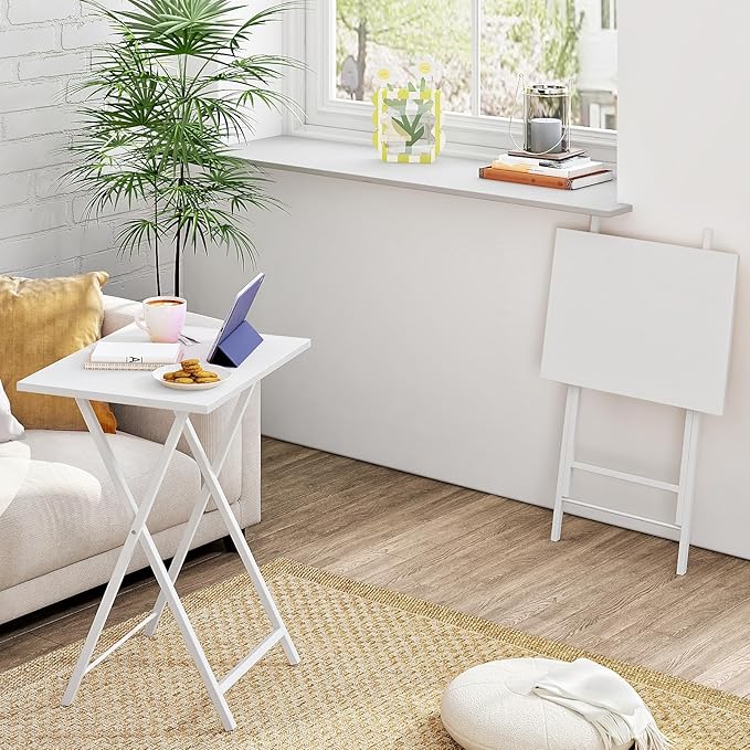 HOOBRO Folding TV Tray Tables, Set of 2 Side Table for Small Space, Industrial Snack Tables for Eating at Couch, Stable Metal Frame, Easy Assembly, Space Saving, White WW25BZ01N1