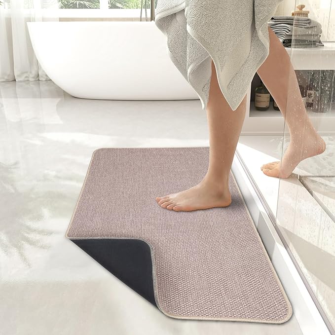 Bath Mat,Ultra Thin Bathroom Runner Rugs,Large Bath Mats for Bathroom,Quick Dry,Non-Slip,Machine Washable,Low Pile,Bath Rug,Shower Outside,Sink,Home Decor Accessories.Beige,3'x5'(36x60inch)