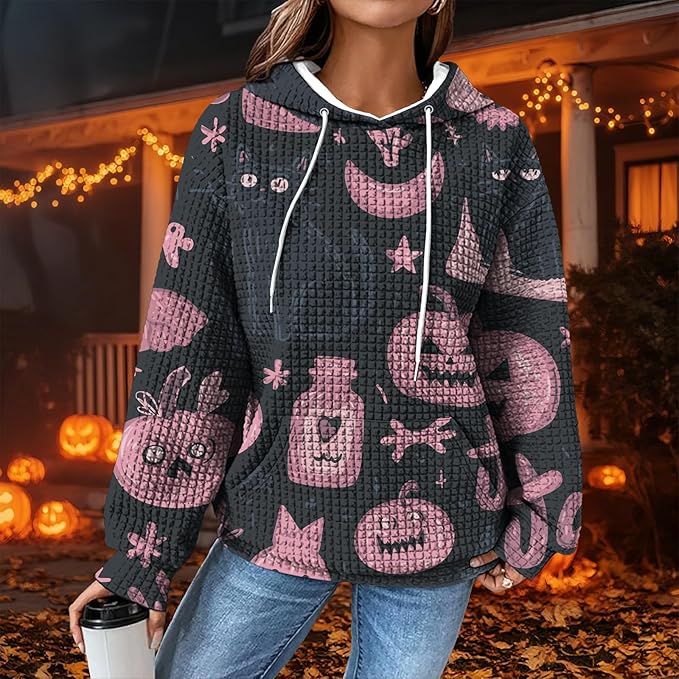 Halloween Sweatshirts for Women Novelty Graphic Drawstring Waffle Hoodies Loose Casual Pullover Tops with Pocket