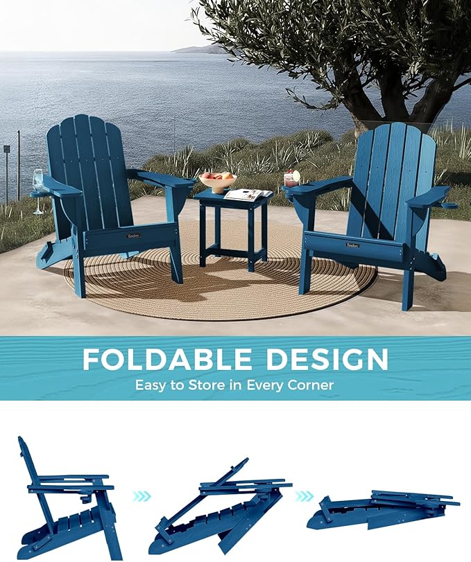Folding Adirondack Chair,All-Weather HDPE Fire Pit Chair with 2 Cup Holders, Plastic Outdoor Chair for Patio Deck Garden Lawn, NavyBlue