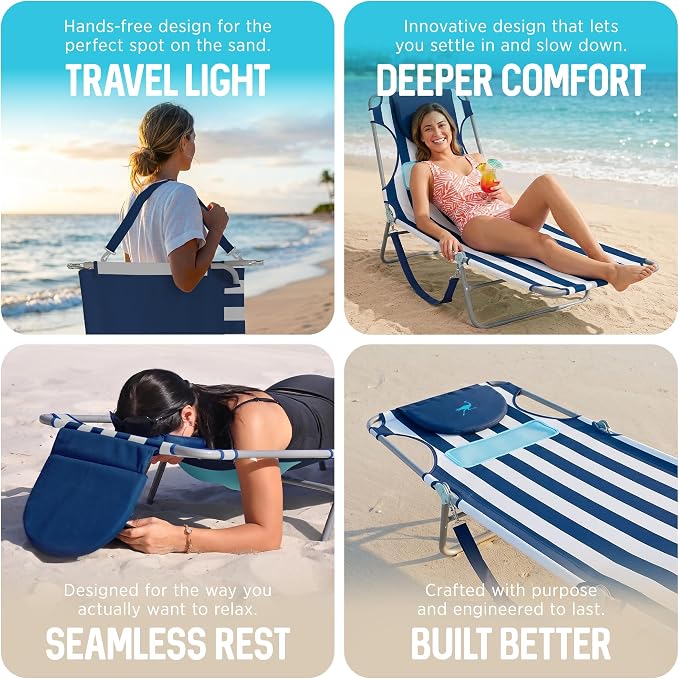 Ostrich the Ladies Comfort Lounger with Chest Support, Foldable & Portable Reclining Outdoor Patio Beach Lawn Camping Pool Tanning Chair, Blue Stripe