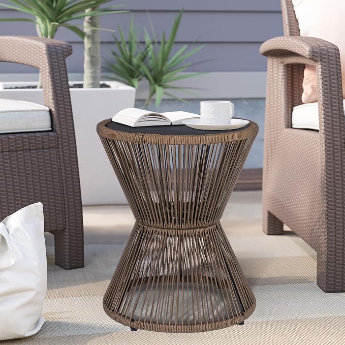 SUNNYPARK Outdoor Side Table 20'' H Small End Tables Woven Rope Weather Resistant with Glass Top Round Coffee Table for Indoor Balcony Patio Poolside (Brown)