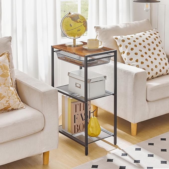 HOOBRO 28.7 Inch Tall Side Table, 3-Tier Industrial Telephone End Table with Adjustable Metal Mesh Basket, Desk Side Table with Storage Shelves, for Living Room, Bedroom, Rustic Brown BF06DH01