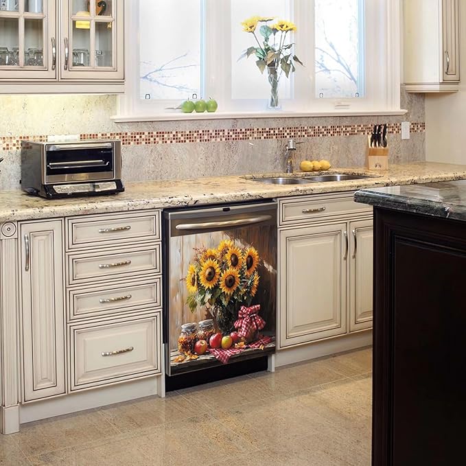 Sunflower Apples Magnet Dishwasher Cover Decorative Farmhouse Kitchen Vintage Dishwasher Covers for The Front Dishwasher Door Magnet 23" x 26" Magnetic