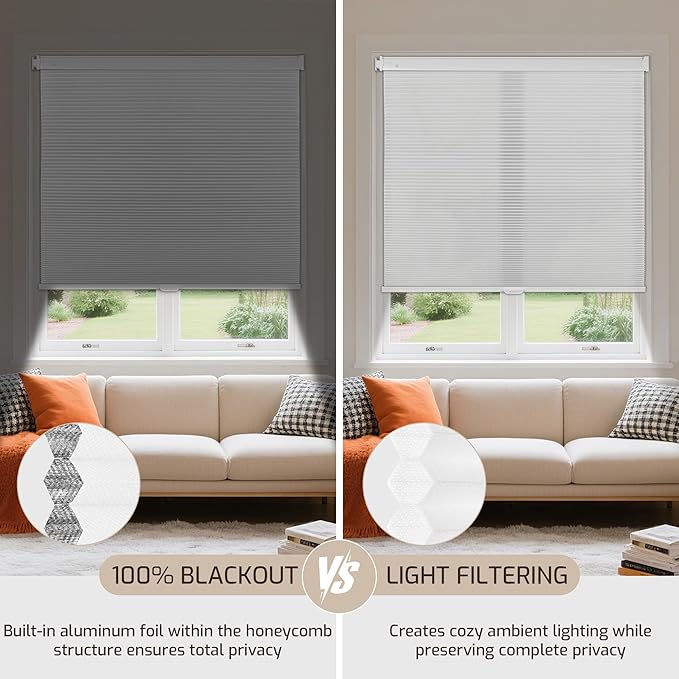 Grandekor No Drill No Tools Cordless Cellular Shades, UV Protection Privacy No