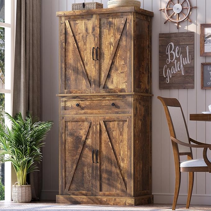 72" Tall Kitchen Pantry Cabinet, Rusty-Brown Pantry Storage Cabinet with Adjustable Shelves, Barn Doors and Drawer Farmhouse Cupboard for Kitchen, Dining Room, Bathroom (16" D x 30" W x 72" H)