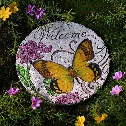 Garden Décor Stepping Stones Outdoor - Resin Butterfly Decorative Stone Bright Color Memories Pavers Outdoor for Garden Yard 10 * 10 * 0.75 Inch