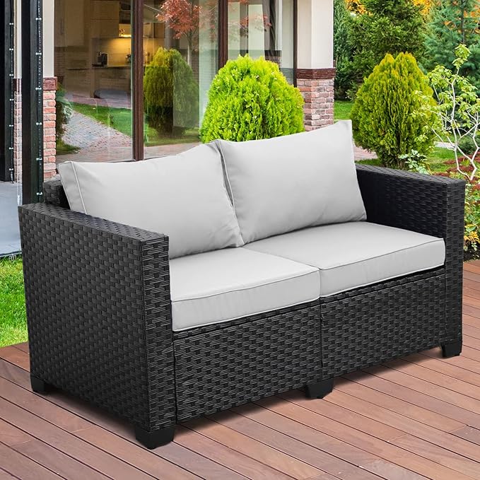 Rattaner Outdoor Furniture Loveseat Sofa Patio Furniture Small Sofa 2 Seater Couch with Anti-Slip Cushions Lumbar Pillow and Waterproof Cover, Grey