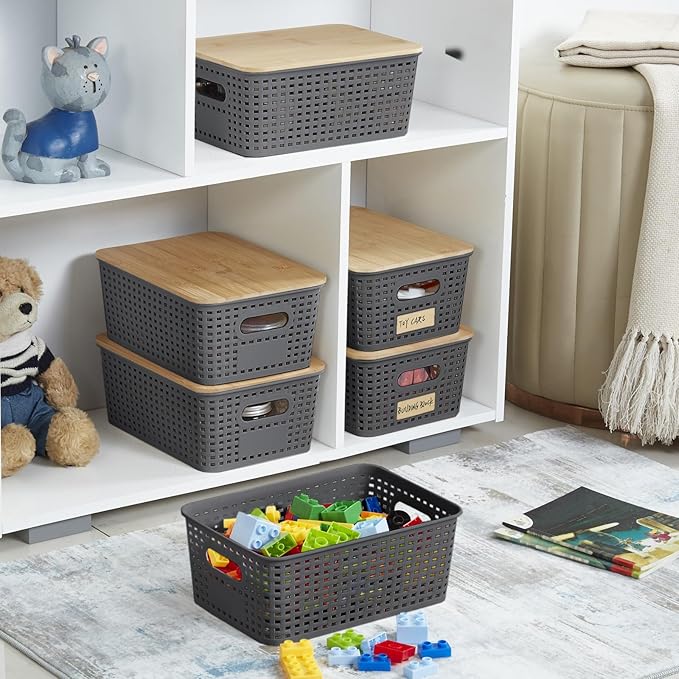 Small Plastic Storage Bins with Bamboo Lids 5.2qt Stackable Box Basket Pantry Decorative Containers Cute with Lable for Organizing Desktop Closet Office Gray of 6 packs 10 * 7.2 * 4.1"