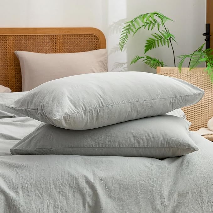 BESTOUCH Duvet Cover Set 100% Washed Cotton Linen Feel Super Soft Comfortable Chic Lightweight 2 PCs Home Bedding Set Solid Northern Droplet Grey Twin/Twin XL