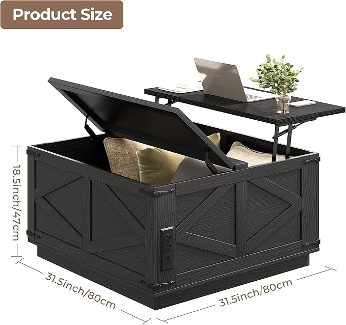 Farmhouse Lift Top Coffee Table, Square Wood Center Table with LED Lighting, USB-C Charging Station, and Hidden Storage Compartment - Rustic Black Living Room Furniture