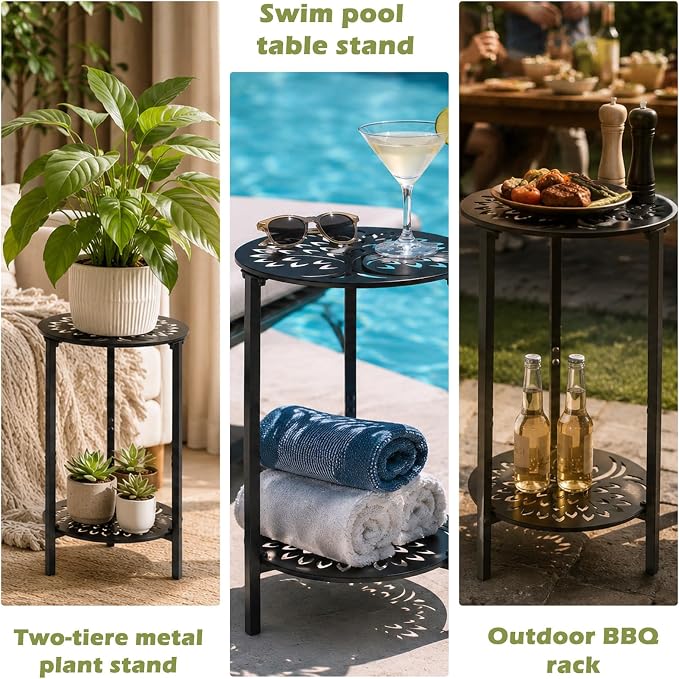 1 Pack 2-Tier Metal Round Side Table Black Accent Coffee Tables Small Space Corner Plant Stand Shelf for Indoor Outdoor Use Patio Balcony End Table Laser-Cut Floral Pattern Weather-Resistant
