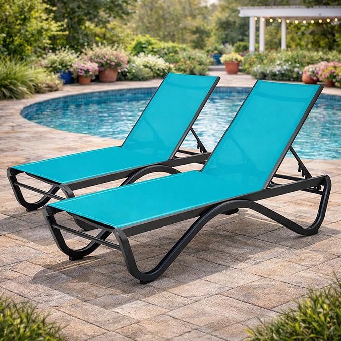Kozyard Outdoor Chaise Lounge Chair, All Aluminum Frame, Fully Flat Adjustable Reclining Patio Lounger for Poolside, Sunbathing & Backyard, Textilene (Aqua, 2Chairs)