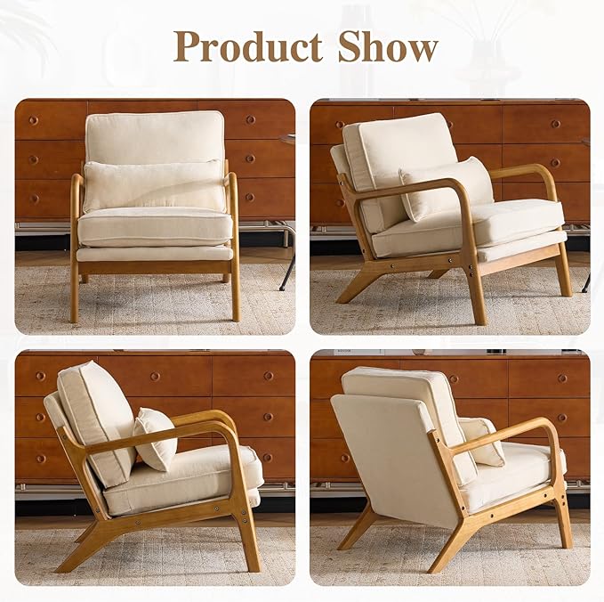 Karl home Mid Century Modern Accent Chair with Lumbar Pillow & Oak Arms – Plush Chenille Living Room Chair for Bedroom, Lounge (Creamy)