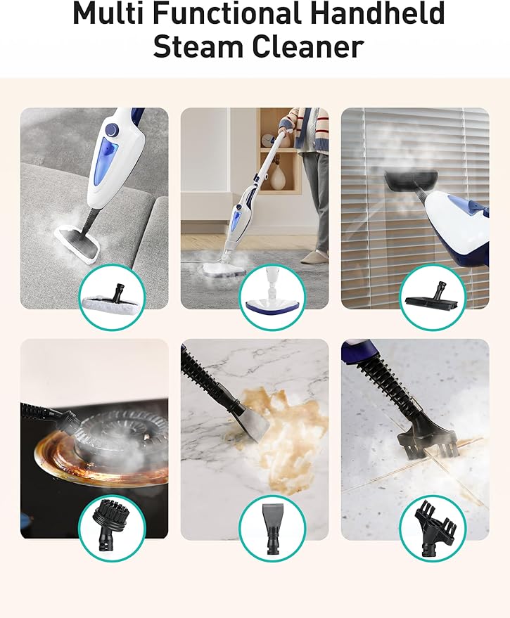 12-in-1 Steam Mop, Fast 15-Sec Heat-Up, 1500W Detachable Handheld Steam Cleaner with 2 Dirt Grip Pads, Removes 99.99% Stubborn Stains for Hardwood Floors, Clothes, Windows, Tiles, Furniture, White