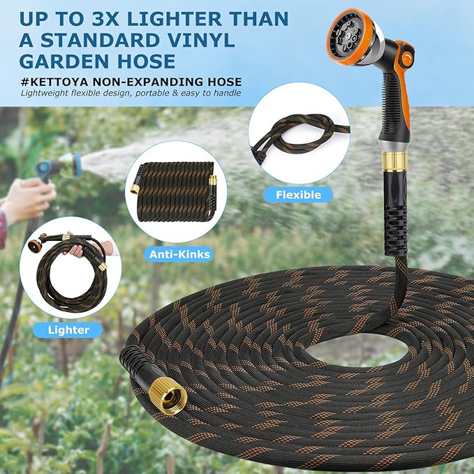 Non-Expanding Garden Hose 100 ft, Kink Free Flexible Water Hose with 10-Pattern Spray Nozzle, Lightweight Hose Pipe, Leak Proof, 3/4" Swivel Connectors, Super Fabric, Portable Storage Strap