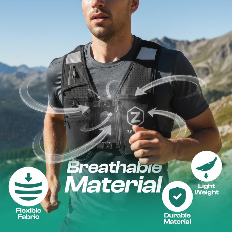 Adjustable Running Vest for Men Women – Running Hydration Vest with Two 500ml/17oz Bottles & Reflective Strips, Multiple Pockets & Bounce-Free Fit – Runners Vest for Marathon, Hiking & Cycling – Black
