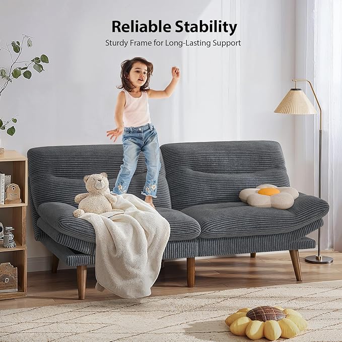 Pipishell Futon Sofa Bed, 66 Inch Corduroy Futon Couch Convertible with Adjustable Backrest and Armrests, Recliner Sleeper Sofa for Small Spaces, Living Room, Office, Guest Room (Grey, 66 Inch)