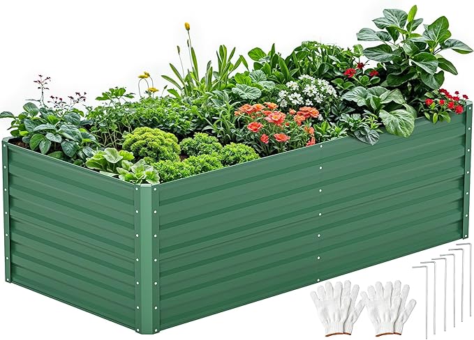 DWVO 6 x 3 x 2 FT Raised Garden Bed Kit, Outdoor Galvanized Flower Bed with Gloves, Large Metal Planter Box for Vegetables, Flowers, Herbs, Fruits, Green
