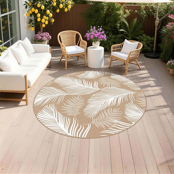 Pauwer Waterproof Outdoor Rug 6ft, Reversible Plastic Straw Patio Camping Rug, Indoor Outdoor RV Mat Carpet for Deck, Camper, Porch, Balcony, Backyard, Picnic, Leaf Brown