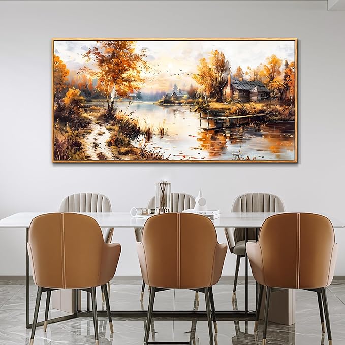 QIYILEXWART Large Wall Decor For Living Room Canvas Wall Art For Office Modern Wall Decorations For Bedroom Lakeside Cabins Autumn Landscape Painting Farmhouse Pictures Artwork Home Decor 24x48