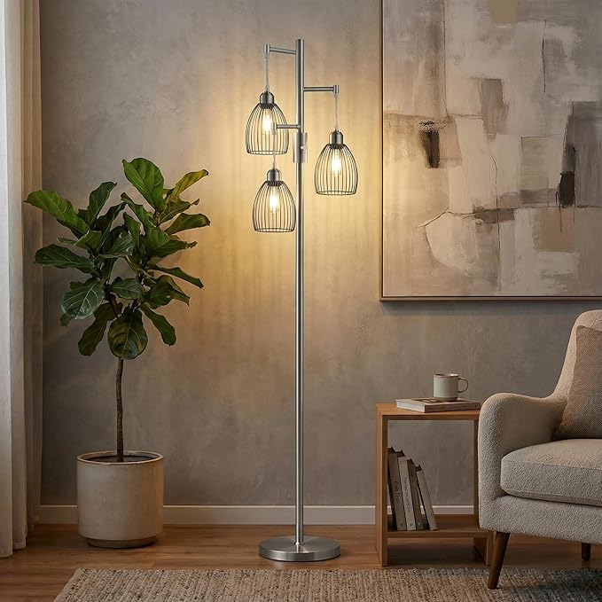 Torondo Dimmable Industrial Floor Lamps for Living Room, Gray Tree Standing Tall Lamps with 3 Elegant Teardrop Cage Head & 800 Lumens LED Bulbs for Bedroom Office