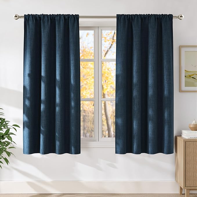 NICETOWN Navy Blue Faux Linen Room Darkening Rod Pocket Curtains 63 inch Length