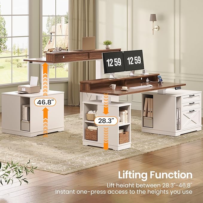 SEDETA Farmhouse Electric Standing Desk, 55" Height Adjustable Computer Desk with 3 Drawers, File Cabinet, Storage Shelves, Power Outlets, Wood Home Office Desk for Work, Study, Writing, White