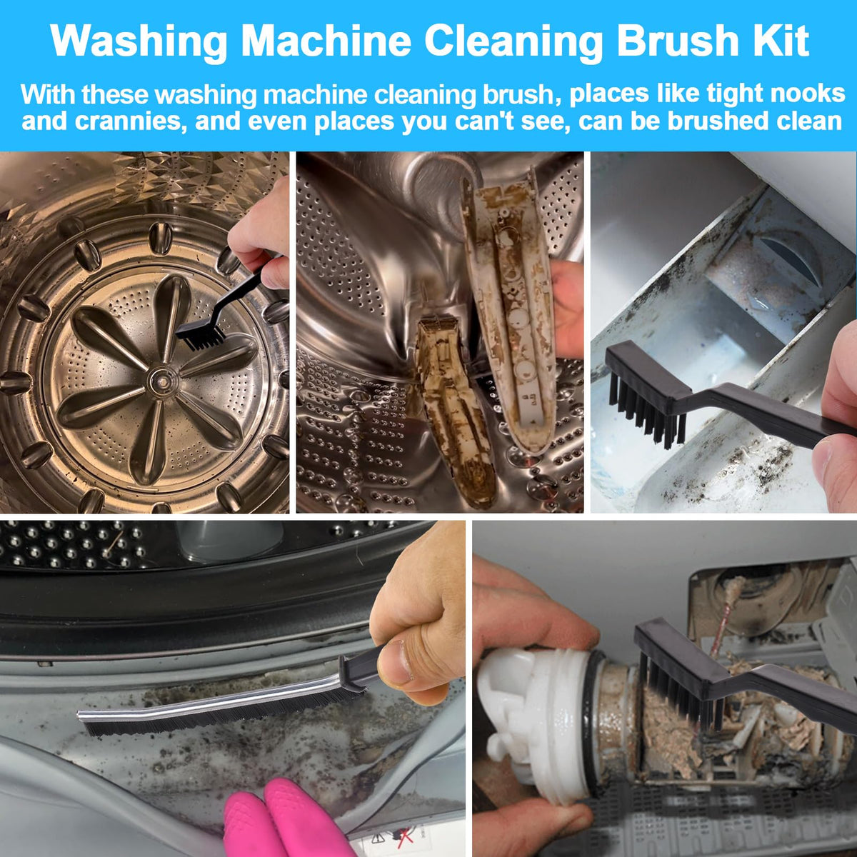 XANGNIER Washing Machine Cleaning Brush Kits,Front Load Washer Scrub Cleaner Tools Accessories-1 Pcs Drum Laundry Cleaner Brush and 5 Pcs Crevice Cleaning Brush for Tight Spaces and Washer Rubber Seal