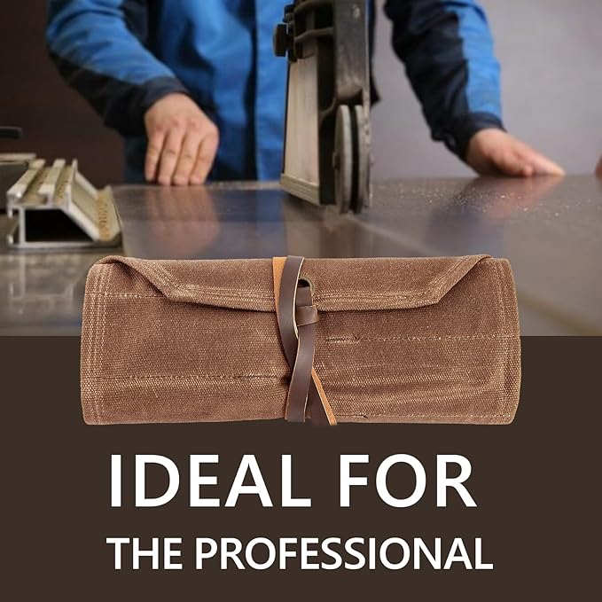 Tool Roll,10Slots Tool Roll Up Pouch,Heavy Duty Waxed Canvas Tool Roll Bag,Chisel Wrench Spanner Roll Tool Pouch with Leather Rope,Tool Roll Organizer for Mechanic Electrician Plumber Carpenter