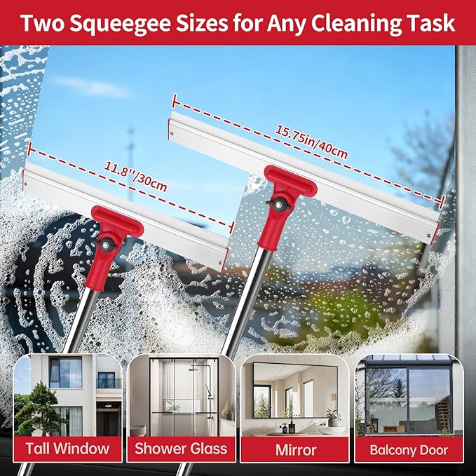 Window Cleaner Tool Set, 86.6'' Window Washing Kit with 6-Section Extension Pole, Window Cleaning Tool with 2 Sizes of Rubber Squeegees, Window Squeegee for Home Car Glass Window Cleaning