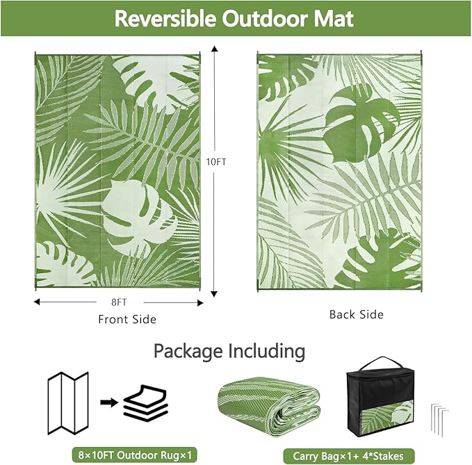 Waterproof Outdoor Rug 8x10 ft, Reversible Plastic Straw Mat with Leaf Pattern, Large Floor Mat for Patio, Camping, Picnic, Backyard RV, Deck, Light Green