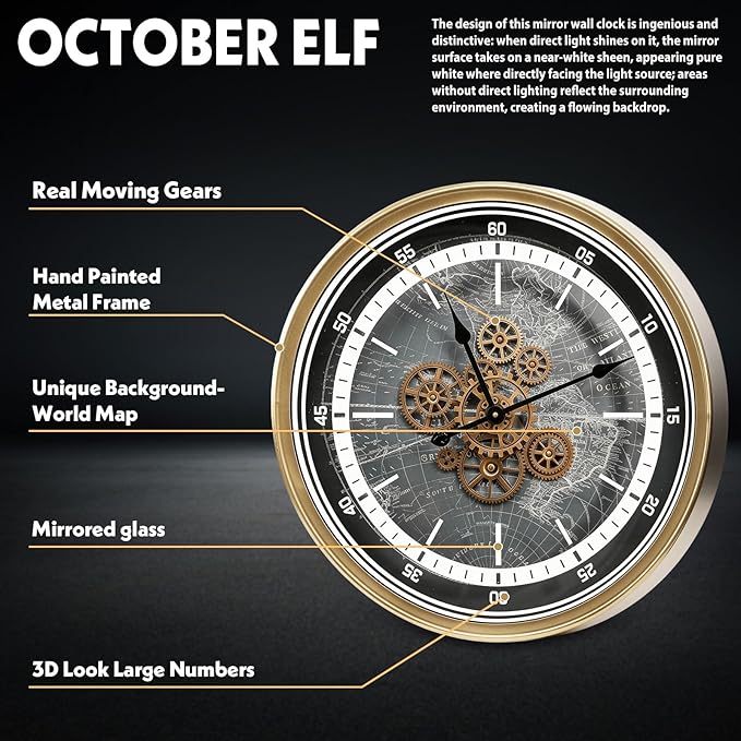 October Elf Large Real Moving Gears Wall Clock 24 Inch Vintage Industrial
