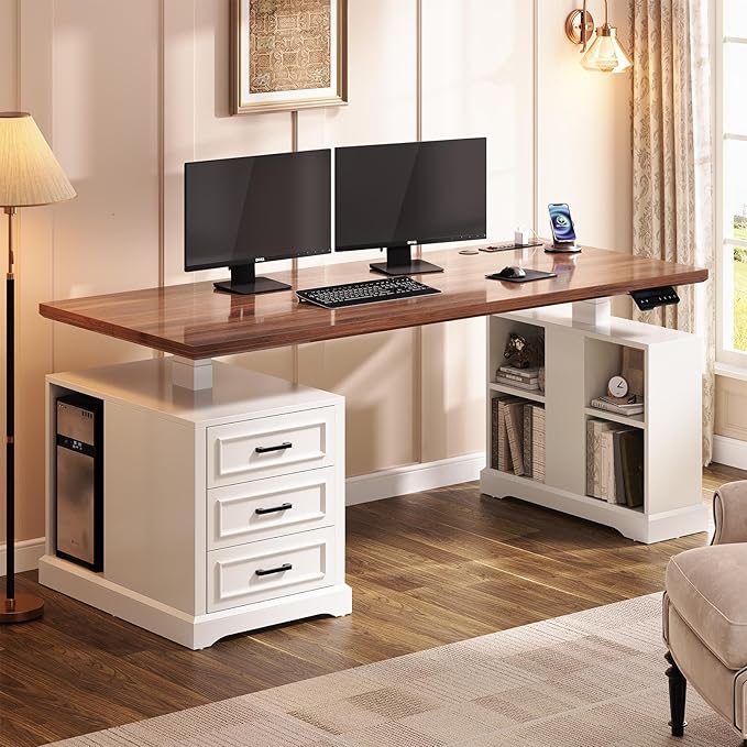 SEDETA Farmhouse Electric Standing Desk, 63" Height Adjustable Computer Desk with 3 Drawers, Storage Shelves, Power Outlets, Wood Home Office Stand up Desk for Work, Study, Writing, White