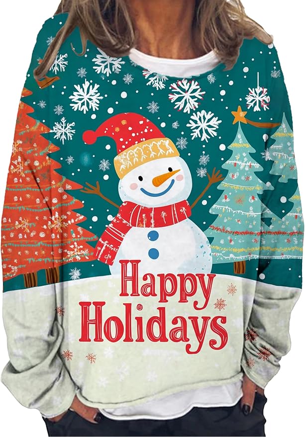 LOAIHA Christmas Shirts for Women Crewneck Snowman Snowflake Santa Graphic Shirts Christmas Tree Long Sleeve Xmas Hoodie