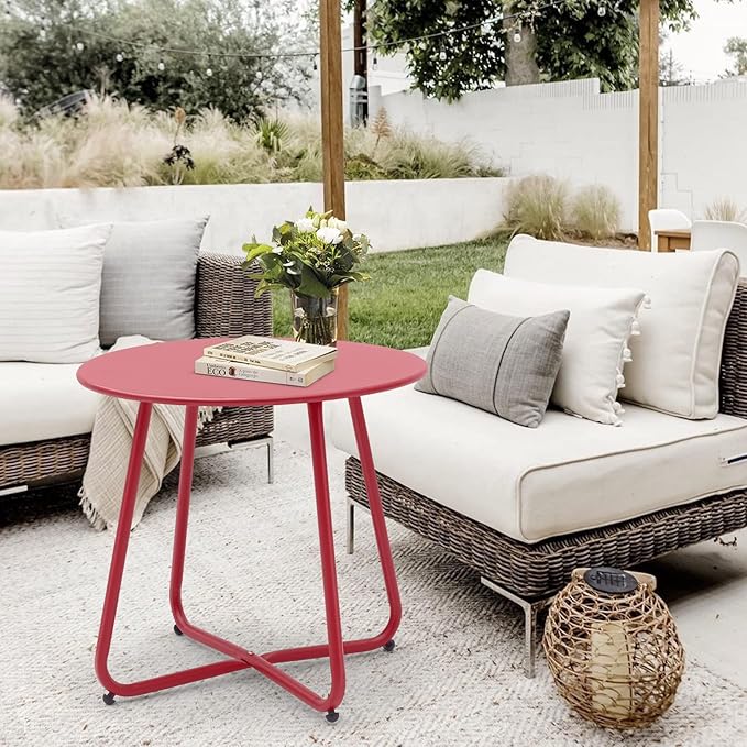 Meluvici Patio Small Side Table Waterproof Round Metal Steel Weather Resistant Portable Outdoor and Indoor End Table for Garden Balcony Yard, Red