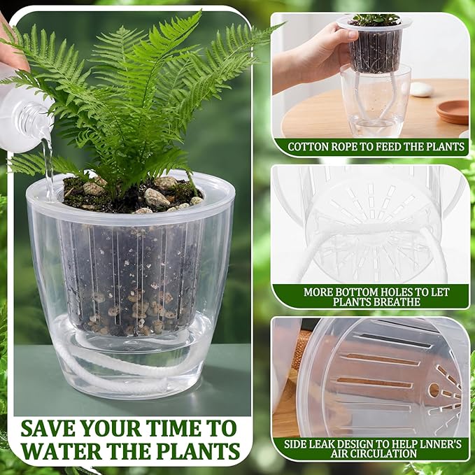 36pcs Self Watering Pots 4.3 Inch Plastic Flower Plant Pot with Inner Pot Self Watering Wick Planter White Clear Flower Pots for Indoor House Plants Herbs, Flowers, Succulents (Transparent)