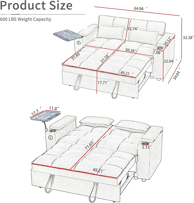 66" Multi-Functional Pull-Out Sofa Bed with Hidden Side Table, Storage Armrests, Built-in Charging Port, Spring Mattress, Solid Wood Frame – Ideal for Small Spaces, Easy Assembly