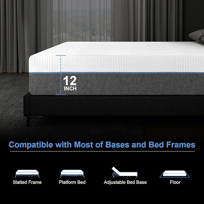 Vipbear 12 Inch Memory Foam Mattress Twin XL Hybrid Medium Firm Mattresses in a Box Cooling Gel Bed Therapeutic Firm Support Comfort for Back Pain, Pressure Relief, CertiPUR-US Certified, Made in USA