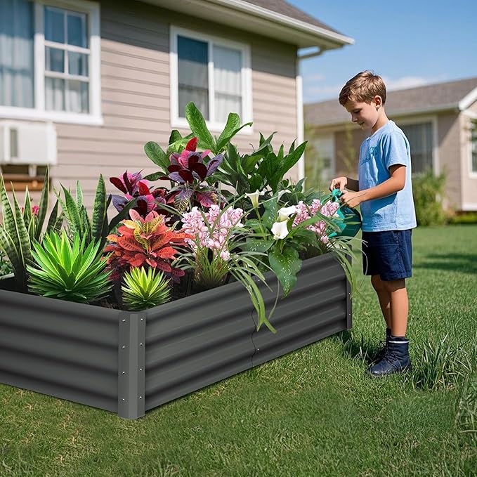 GarveeHome 6 * 3 * 1FT Raised Garden Bed Kit, Galvanized Raised Garden Beds Outdoor for Gardening, Above Planter Boxes, Large Garden Bed for Vegetables, Fruits, Dark Grey, 2 Pcs
